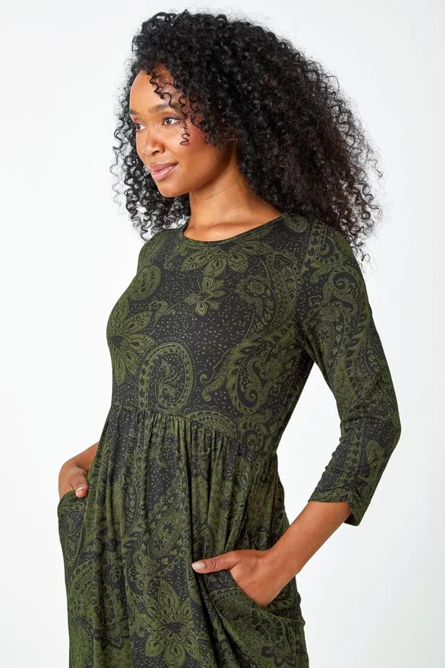 Khaki Petite Paisley Print Ruched Midi Dress Women Roman Dresses