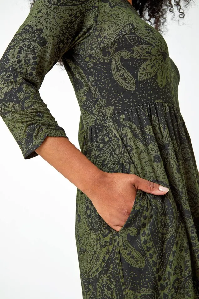 Khaki Petite Paisley Print Ruched Midi Dress Women Roman Dresses