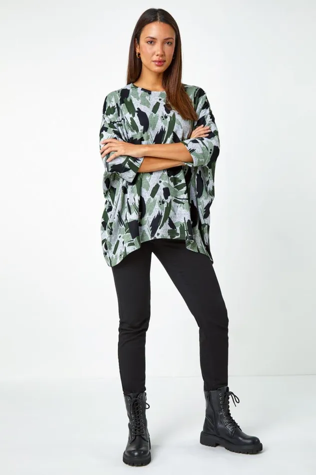Khaki Relaxed Abstract Print Stretch Top Women Roman Tops