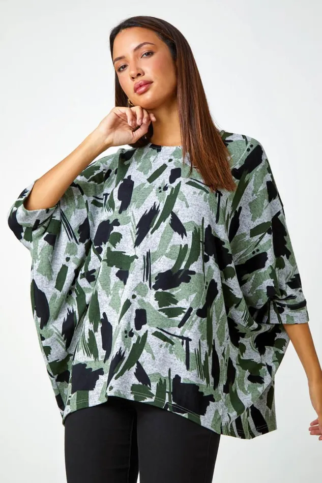 Khaki Relaxed Abstract Print Stretch Top Women Roman Tops