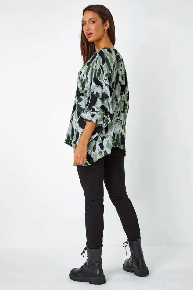 Khaki Relaxed Abstract Print Stretch Top Women Roman Tops
