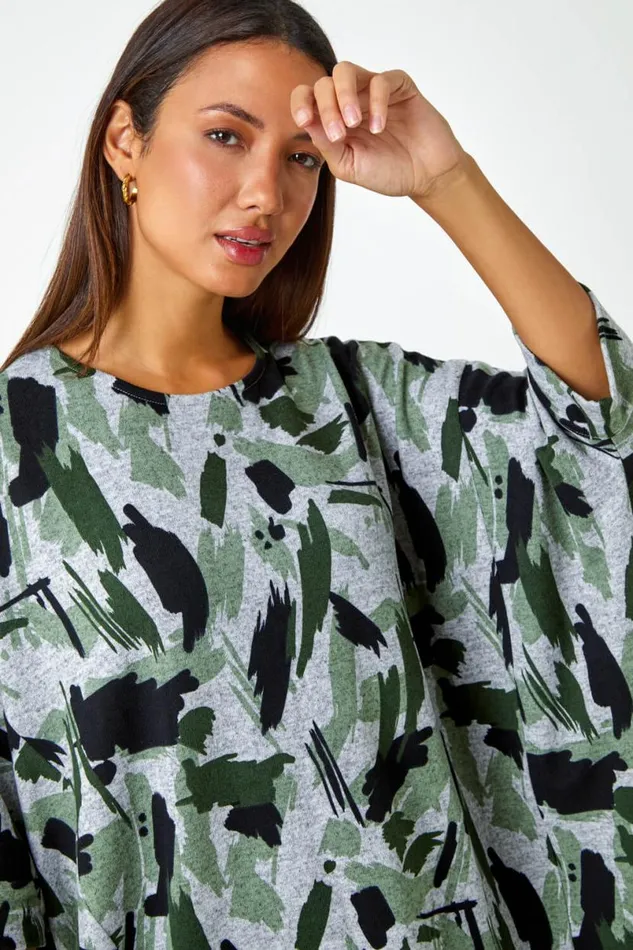 Khaki Relaxed Abstract Print Stretch Top Women Roman Tops