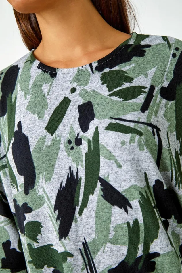 Khaki Relaxed Abstract Print Stretch Top Women Roman Tops
