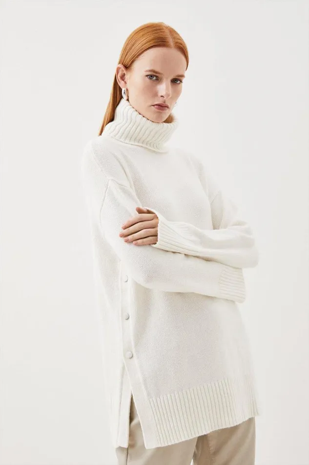 Knitwear Women Karen Millen Cashmere Blend Roll Neck Knit Longline Jumper Ivory