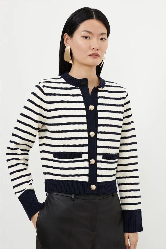 Knitwear Women Karen Millen Cotton Cropped Knit Boxy Striped Cardigan Stripe