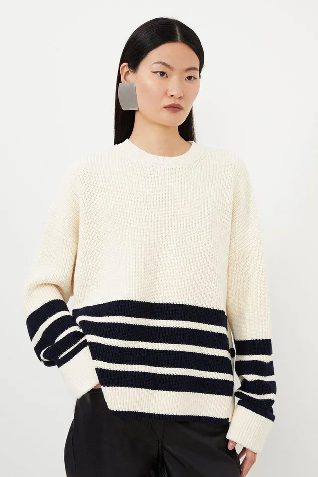 Knitwear Women Karen Millen Cotton Knit Relaxed Stripe Jumper With Buttoned Splits Stripe