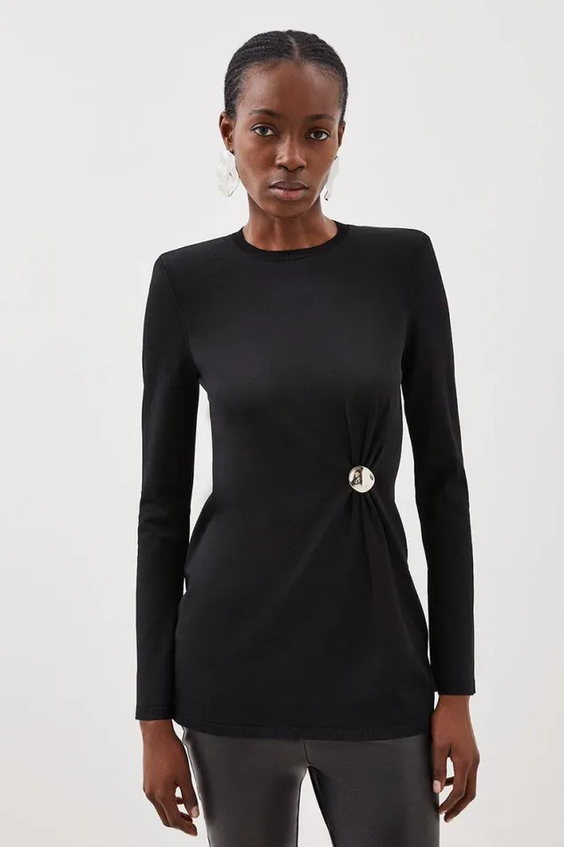 Knitwear Women Karen Millen Premium Drape Funnel Neck Knit Gathered Trim Jumper Black
