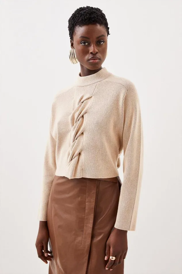 Knitwear Women Karen Millen Viscose Blend Plaited Cable Rib Knit Jumper Peach