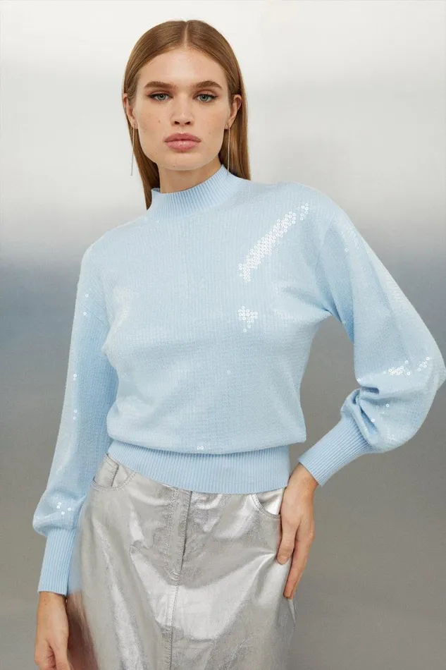 Knitwear Women Karen Millen Viscose Blend Sequin Knit Cropped Jumper Pale Blue