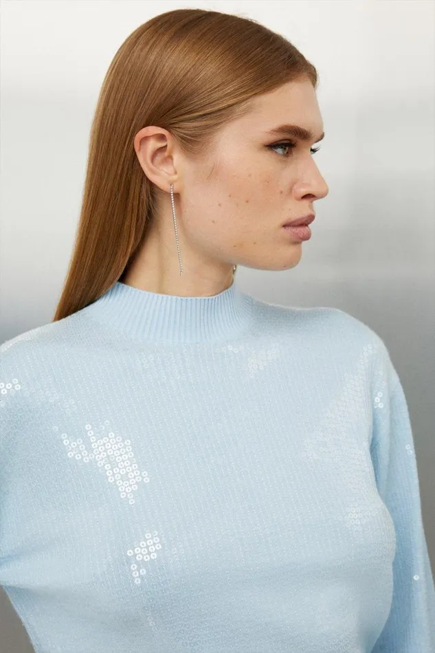 Knitwear Women Karen Millen Viscose Blend Sequin Knit Cropped Jumper Pale Blue