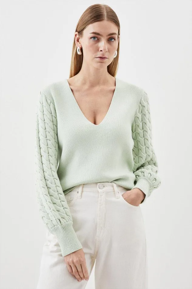 Knitwear Women Karen Millen Viscose Blend V Neck Blouson Cable Knit Jumper Sage