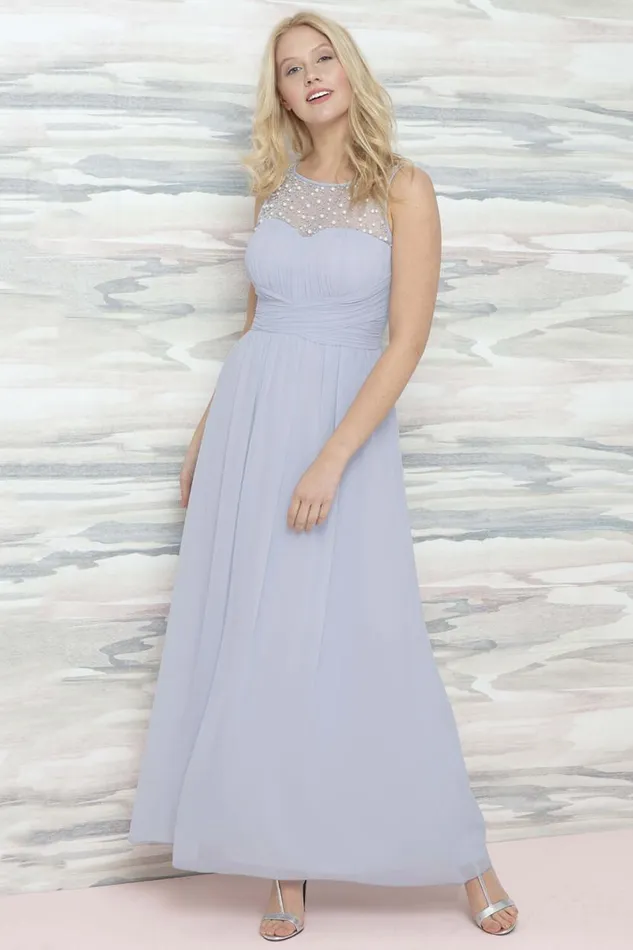 Light Blue Bead Embellished Maxi Dress Women Roman Dresses