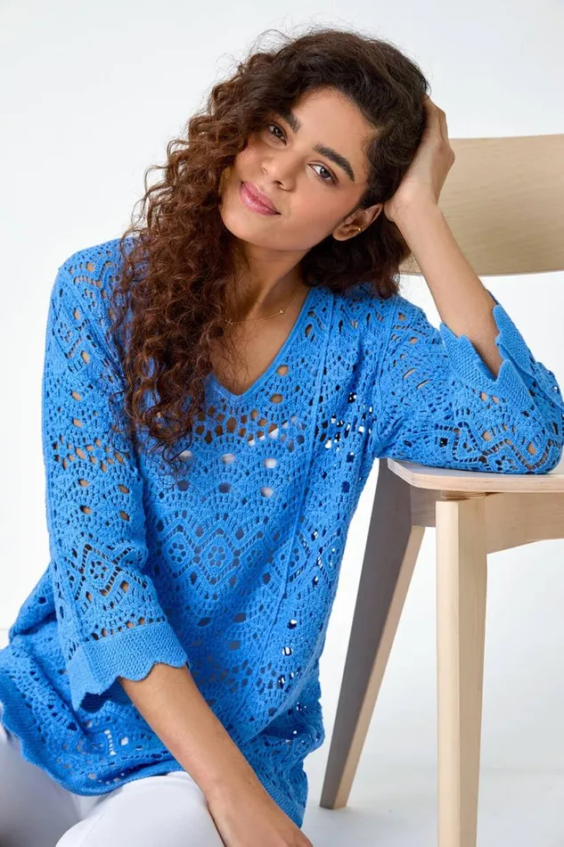Light Blue Cotton Crochet Tunic Top Women Roman Tops