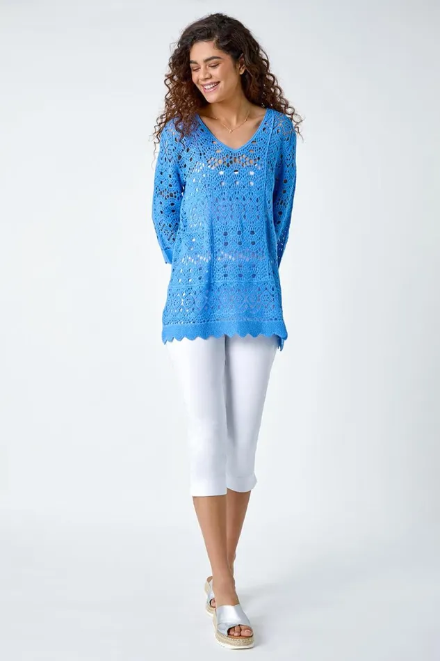 Light Blue Cotton Crochet Tunic Top Women Roman Tops