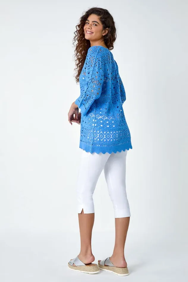Light Blue Cotton Crochet Tunic Top Women Roman Tops