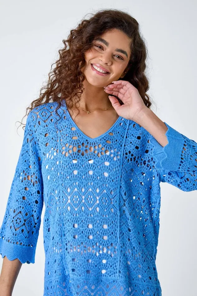 Light Blue Cotton Crochet Tunic Top Women Roman Tops