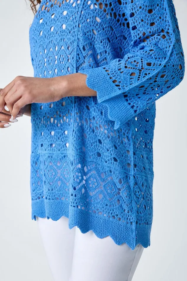 Light Blue Cotton Crochet Tunic Top Women Roman Tops