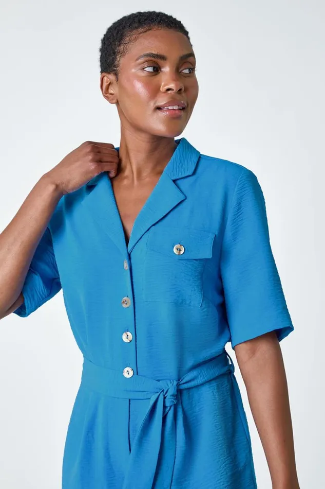 Light Blue Textured Tie Waist Playsuit Women Roman Dresses