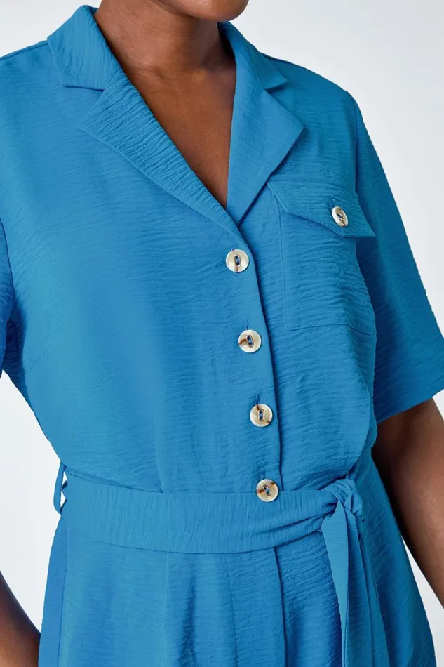Light Blue Textured Tie Waist Playsuit Women Roman Dresses