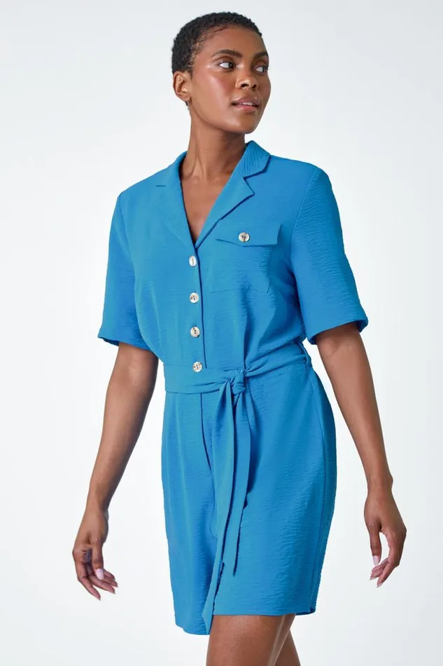 Light Blue Textured Tie Waist Playsuit Women Roman Dresses