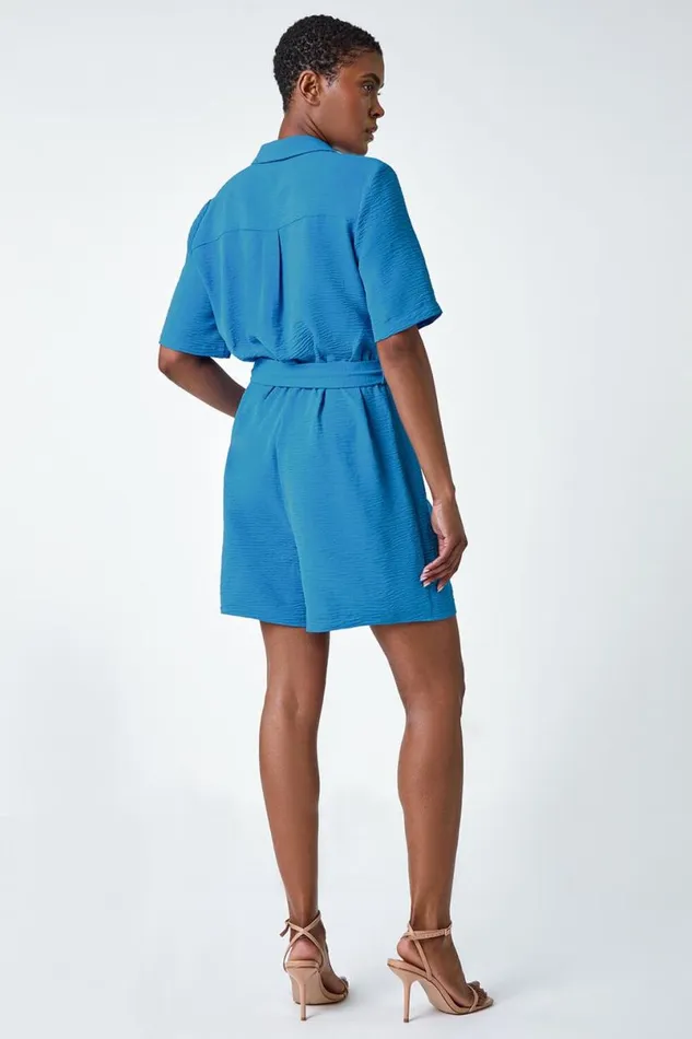 Light Blue Textured Tie Waist Playsuit Women Roman Dresses