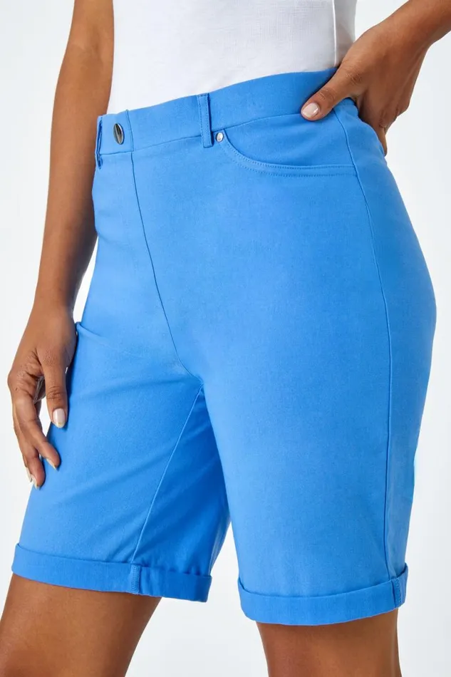 Light Denim Elastic Waist Turn Up Stretch Shorts Women Roman Trousers
