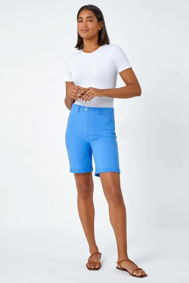 Light Denim Elastic Waist Turn Up Stretch Shorts Women Roman Trousers