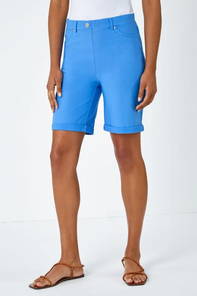 Light Denim Elastic Waist Turn Up Stretch Shorts Women Roman Trousers