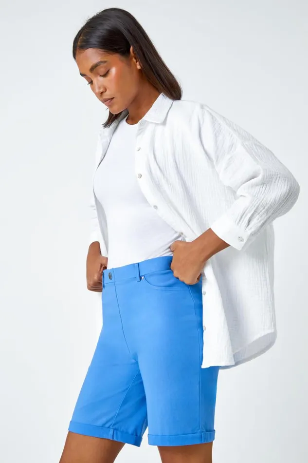Light Denim Elastic Waist Turn Up Stretch Shorts Women Roman Trousers