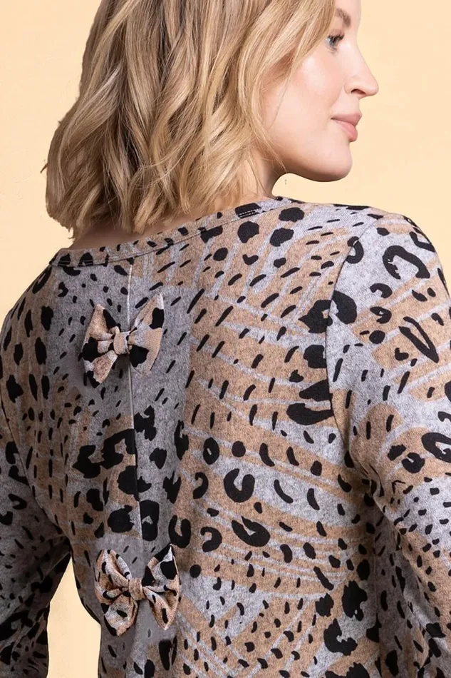 Light Grey Animal Print Bow Back Top Women Roman Tops