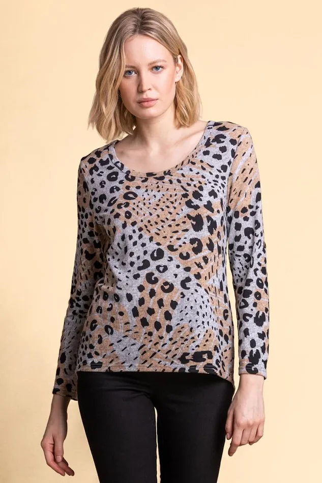 Light Grey Animal Print Bow Back Top Women Roman Tops