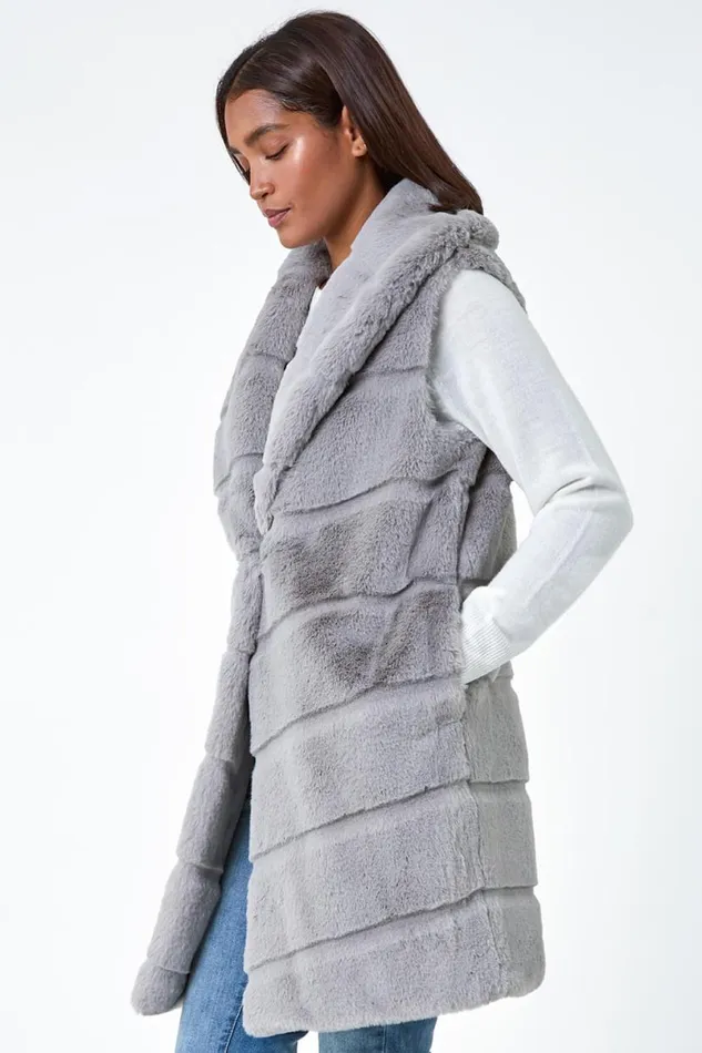 Light Grey Faux Fur Longline Gilet Women Roman Coats