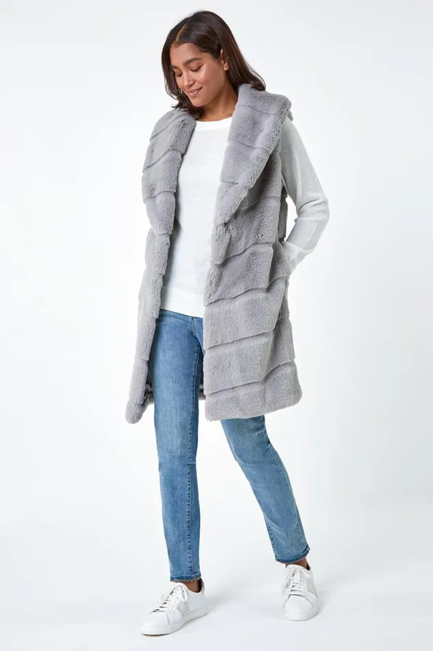 Light Grey Faux Fur Longline Gilet Women Roman Coats