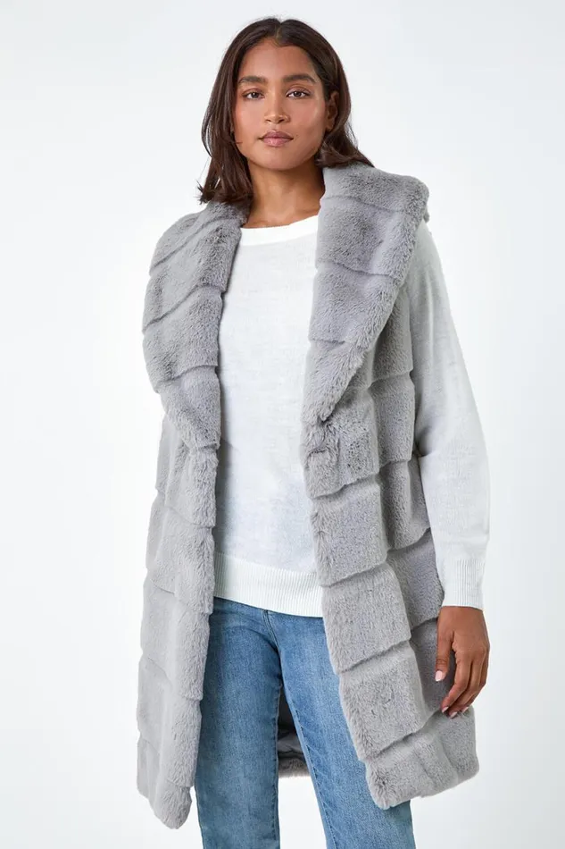 Light Grey Faux Fur Longline Gilet Women Roman Coats