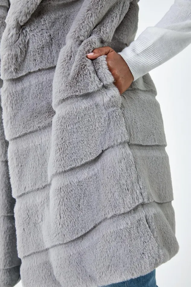 Light Grey Faux Fur Longline Gilet Women Roman Coats
