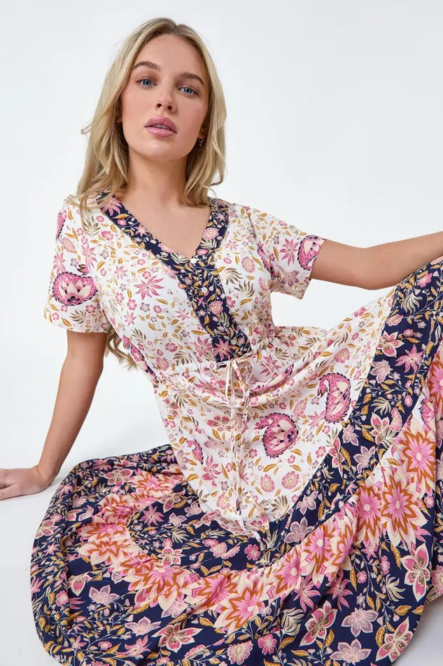 Light Pink Petite Floral Border Print Midi Dress Women Roman Dresses