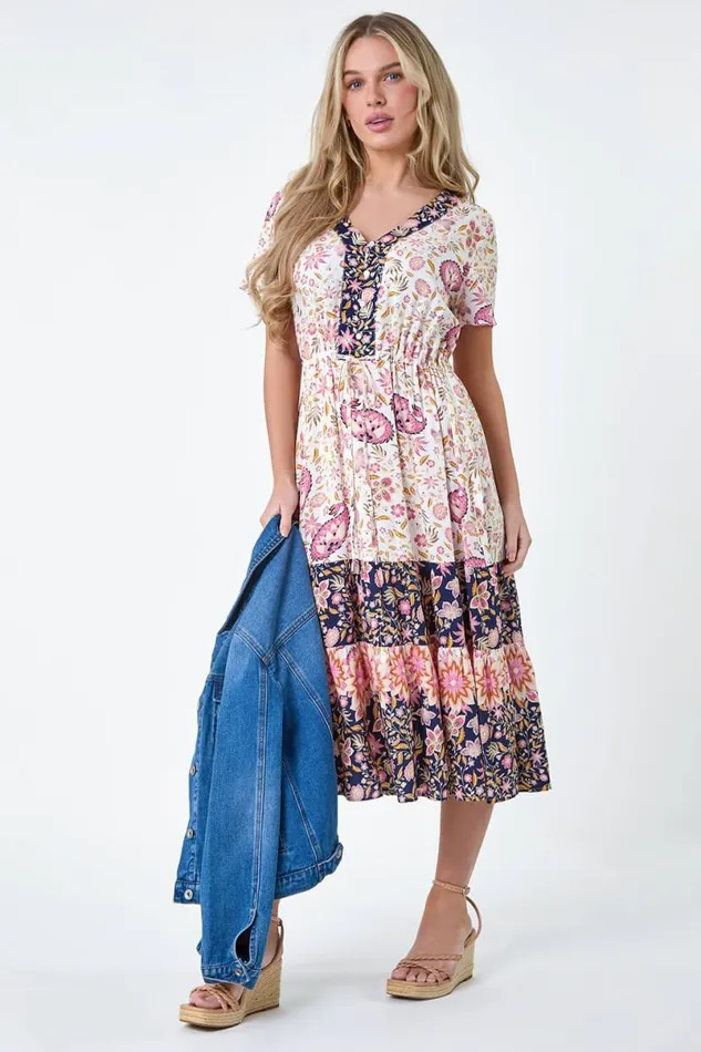 Light Pink Petite Floral Border Print Midi Dress Women Roman Dresses