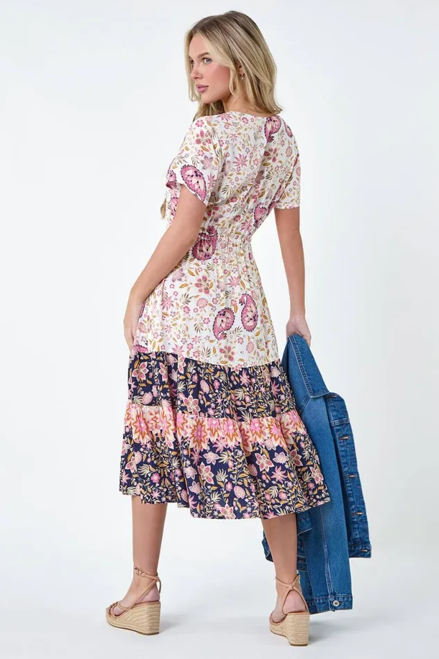 Light Pink Petite Floral Border Print Midi Dress Women Roman Dresses