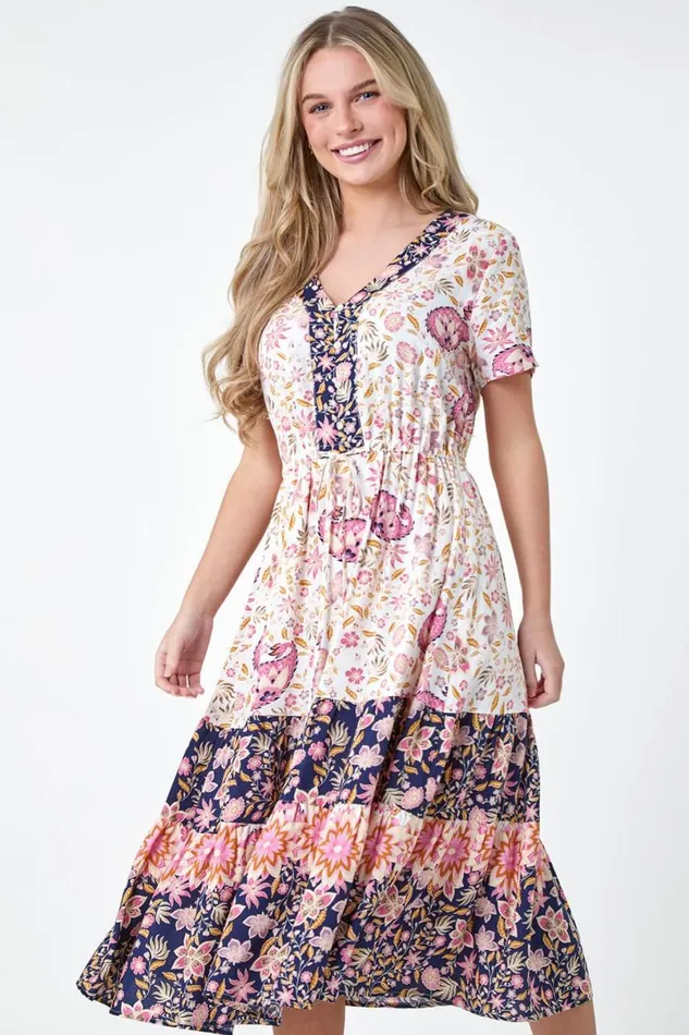 Light Pink Petite Floral Border Print Midi Dress Women Roman Dresses