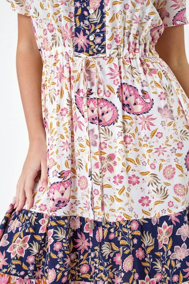 Light Pink Petite Floral Border Print Midi Dress Women Roman Dresses
