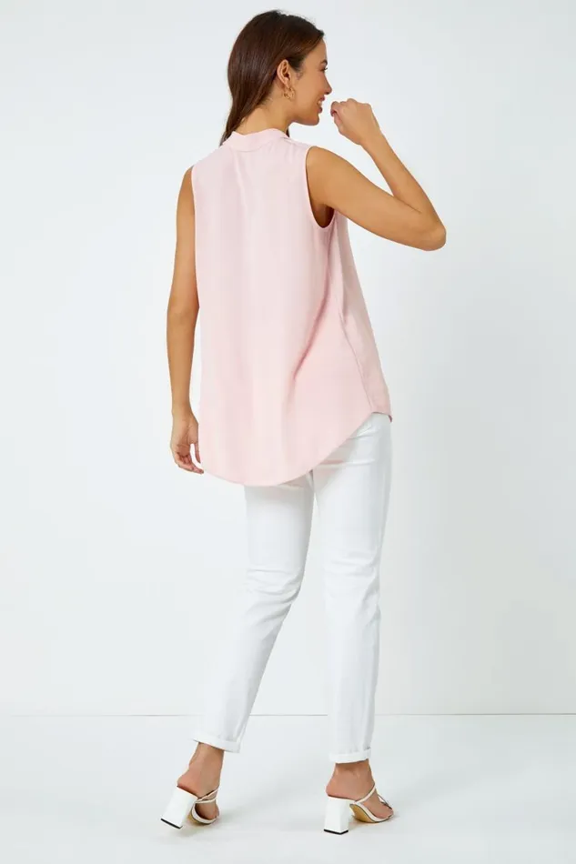 Light Pink Sleeveless Pleat Detail Blouse Women Roman Tops