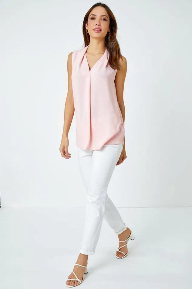 Light Pink Sleeveless Pleat Detail Blouse Women Roman Tops
