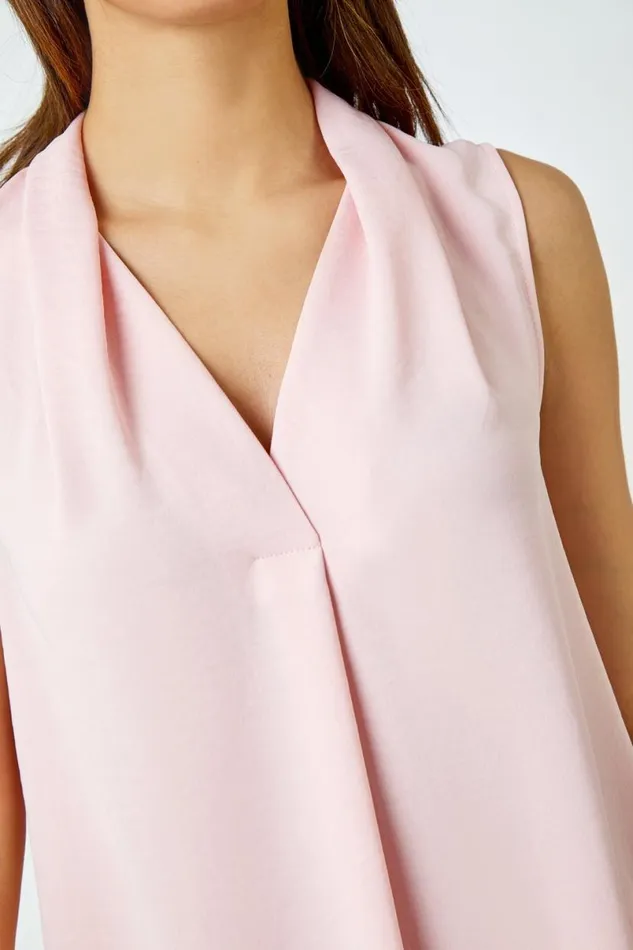 Light Pink Sleeveless Pleat Detail Blouse Women Roman Tops