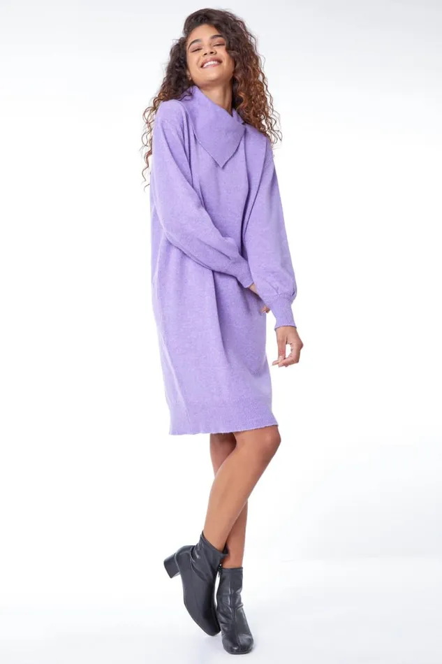 Lilac Split Neck Ribbed Knit Dress Women Roman Dresses