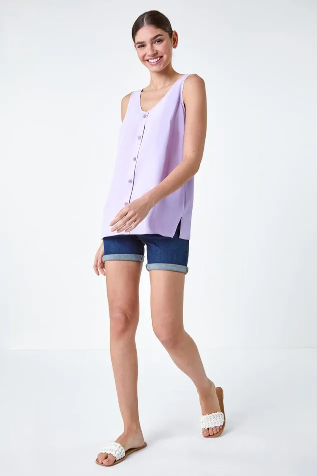 Lilac VNeck Button Front Sleeveless Top Women Roman Tops