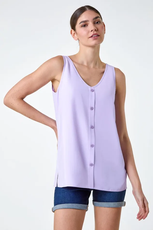 Lilac VNeck Button Front Sleeveless Top Women Roman Tops