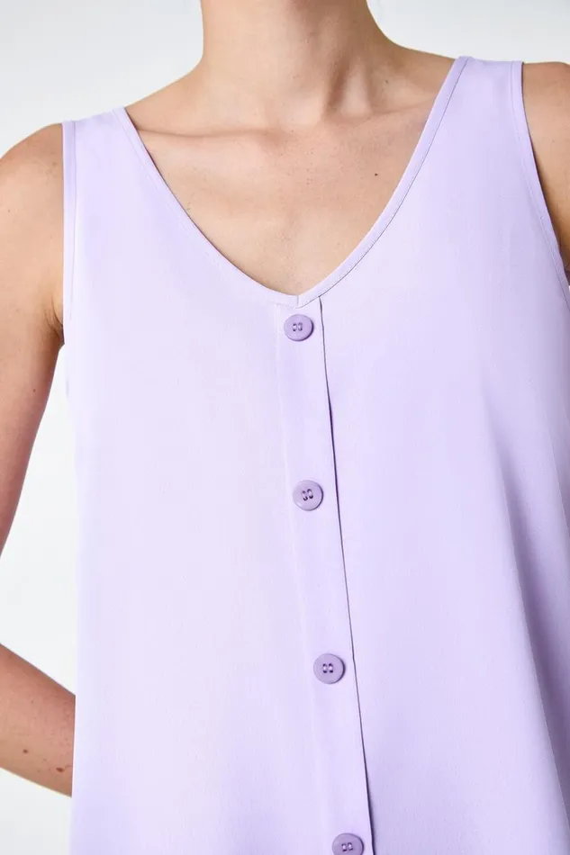 Lilac VNeck Button Front Sleeveless Top Women Roman Tops