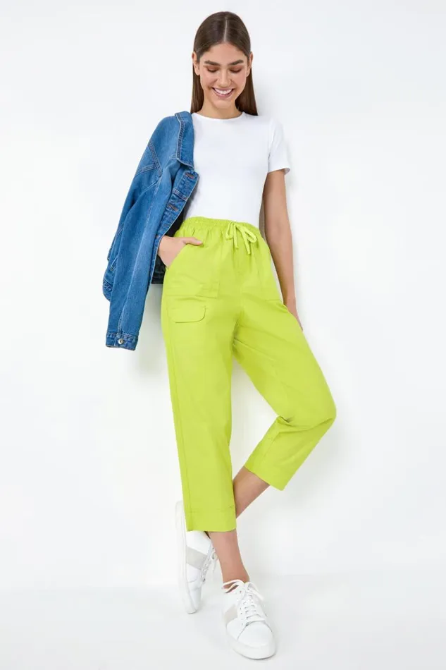 Lime Cotton Elastic Waist Cropped Cargo Trousers Women Roman Trousers
