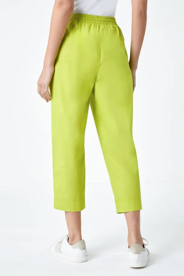 Lime Cotton Elastic Waist Cropped Cargo Trousers Women Roman Trousers