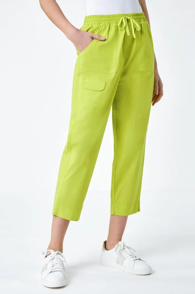Lime Cotton Elastic Waist Cropped Cargo Trousers Women Roman Trousers